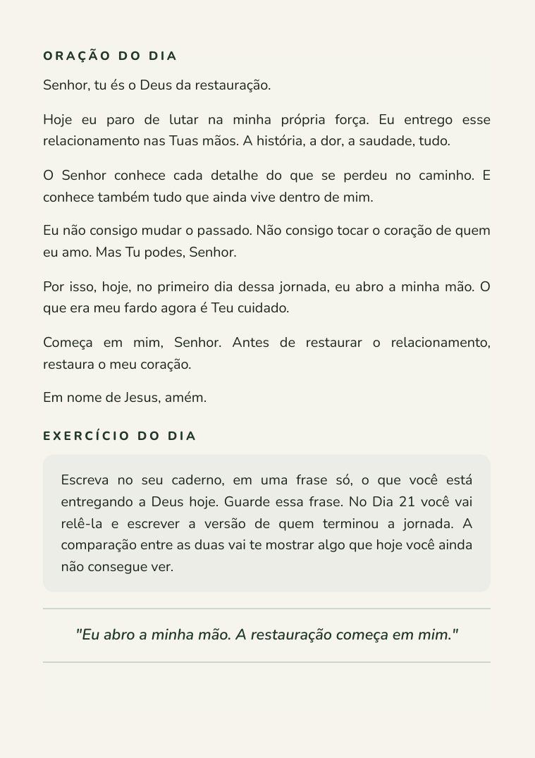 Página com a oração do dia, o exercício e a declaração